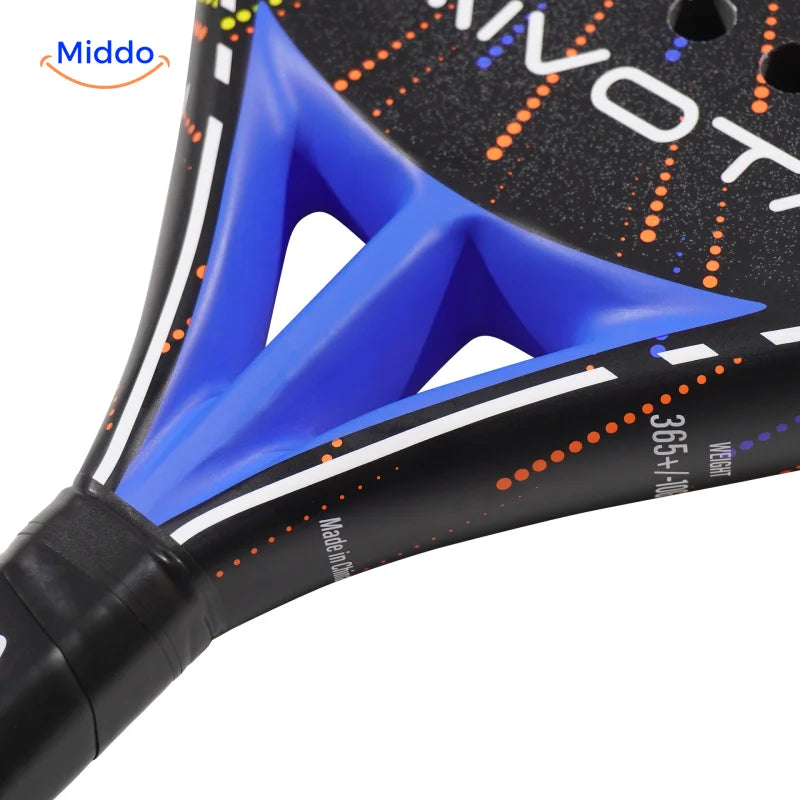 SpinDrive raquette de padel: détail du pont bleu et du cadre de la raquette.