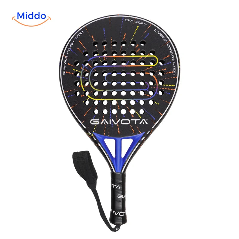 SpinDrive raquette de padel: modèle noir et bleu vu de face avec dragonne.