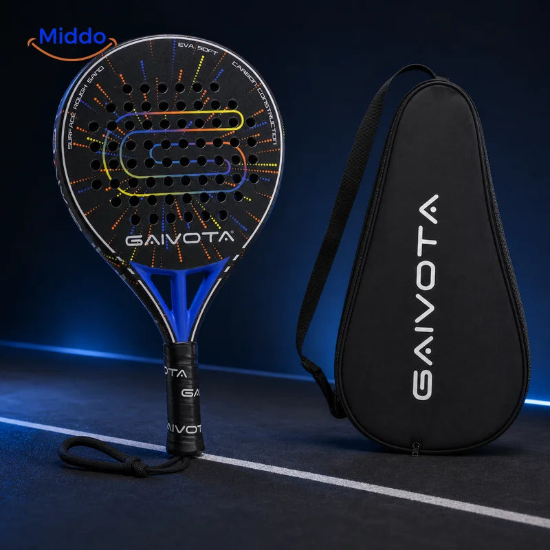 SpinDrive raquette de padel: raquette avec dragonne et housse noire.