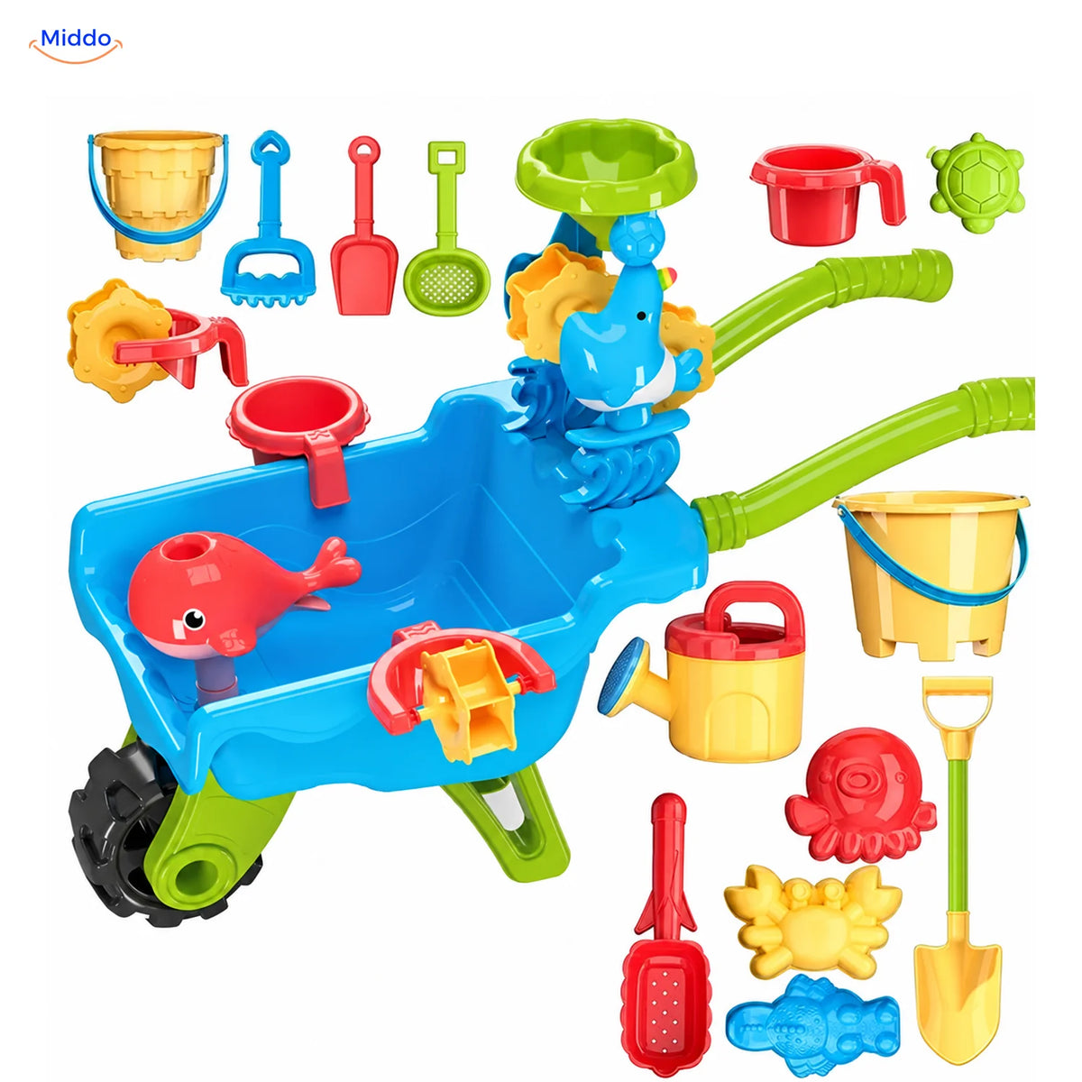 SplashPlay jouet d’eau et de sable: chariot bleu avec pelles, seau et moules à sable.