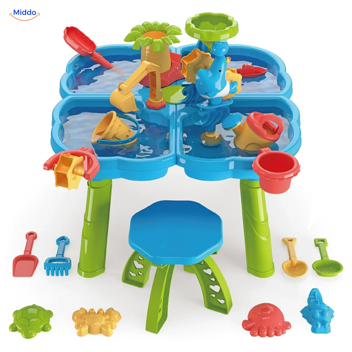 SplashPlay jouet d’eau et de sable: table d’eau bleue à quatre zones de jeu avec tabouret.