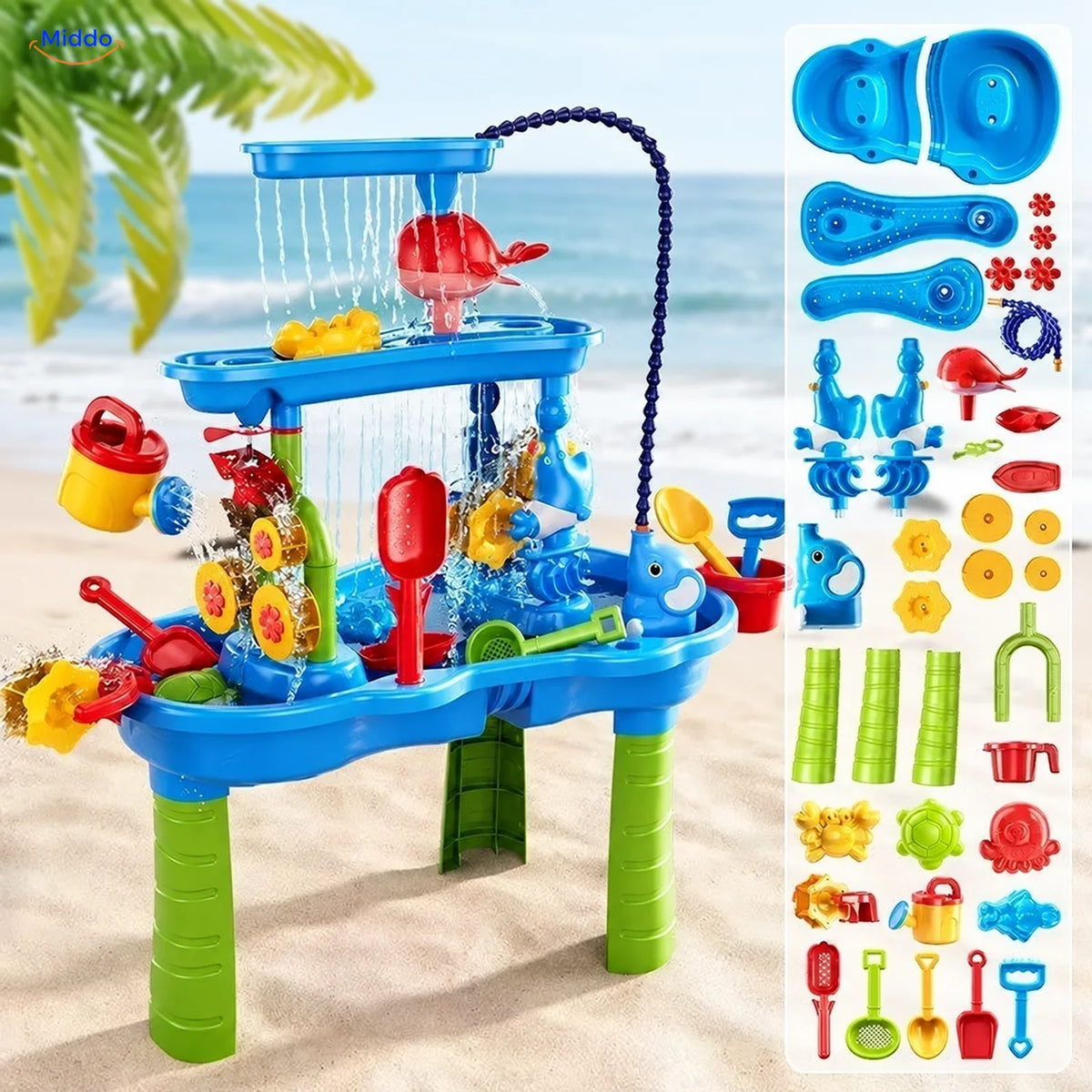 SplashPlay jouet d’eau et de sable: table rectangulaire avec tuyau d’eau et pièces séparées.