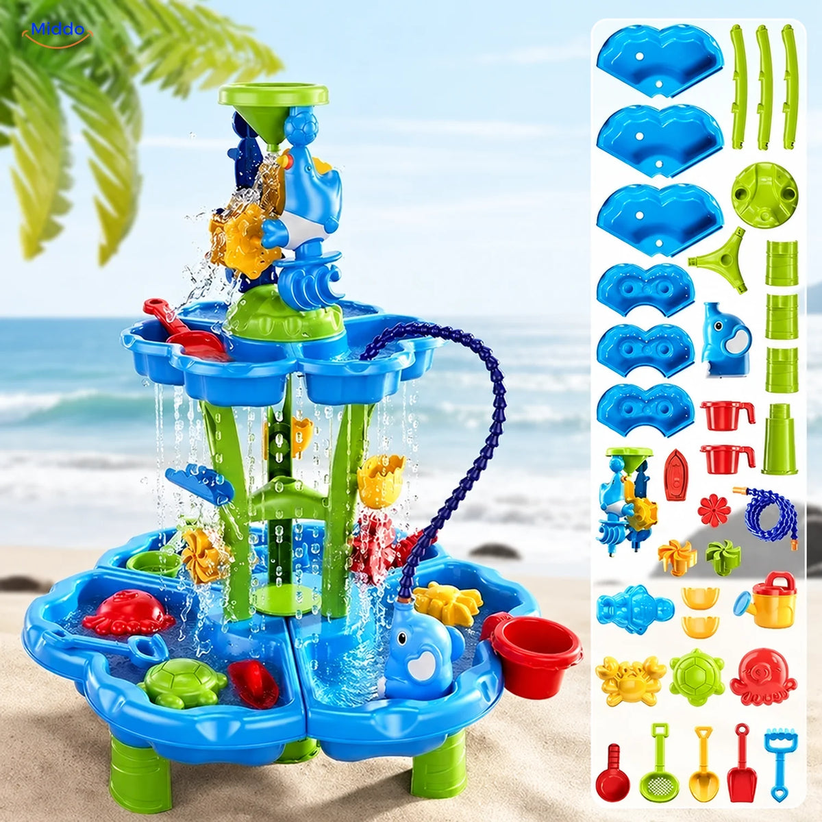 SplashPlay jouet d’eau et de sable: table ronde avec tuyau d’eau et pièces séparées.