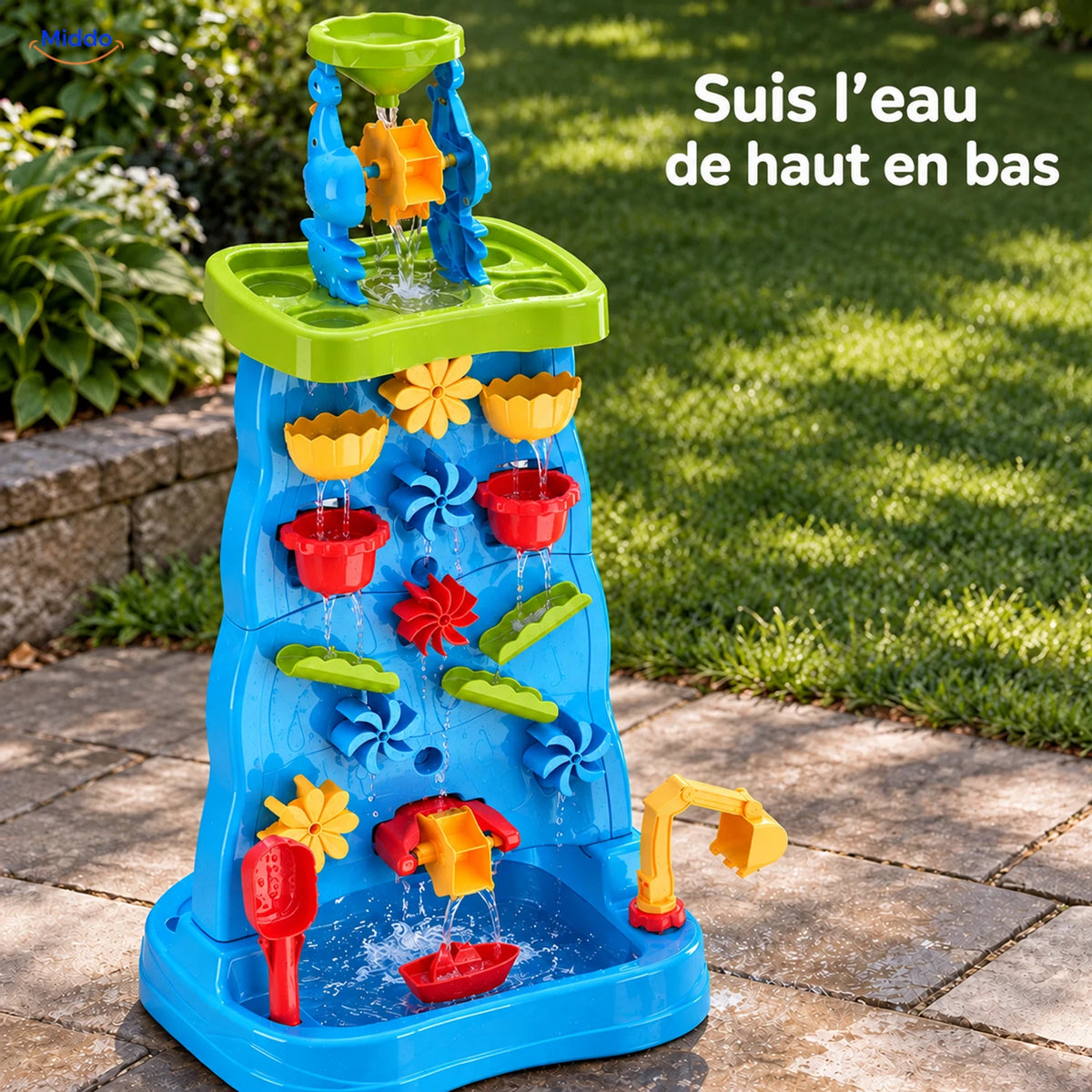 SplashPlay jouet d’eau et de sable: tour d’eau bleue avec roues colorées.
