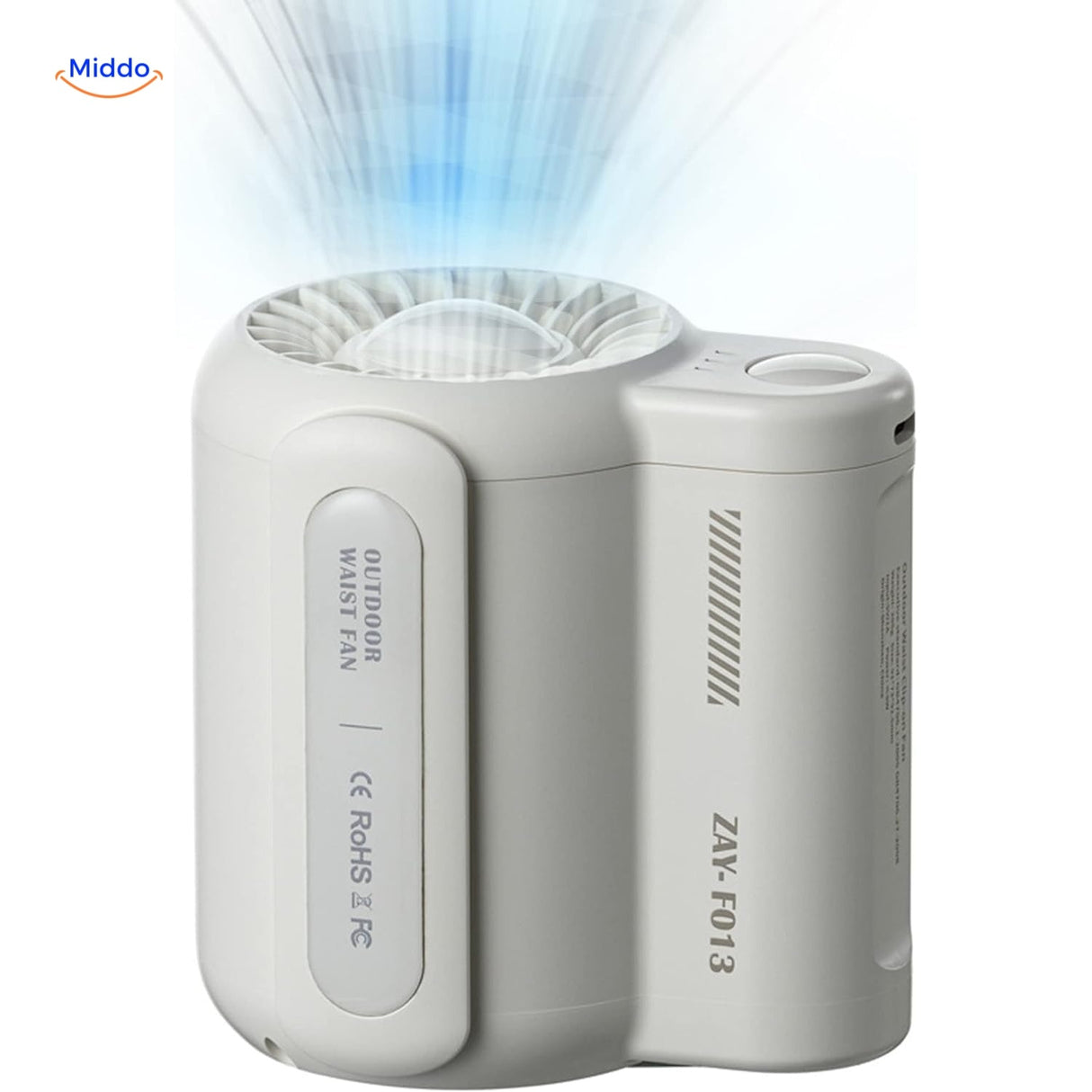 mini ventilateur portable à double clip coloris blanc, idéal pour la randonnée et le camping