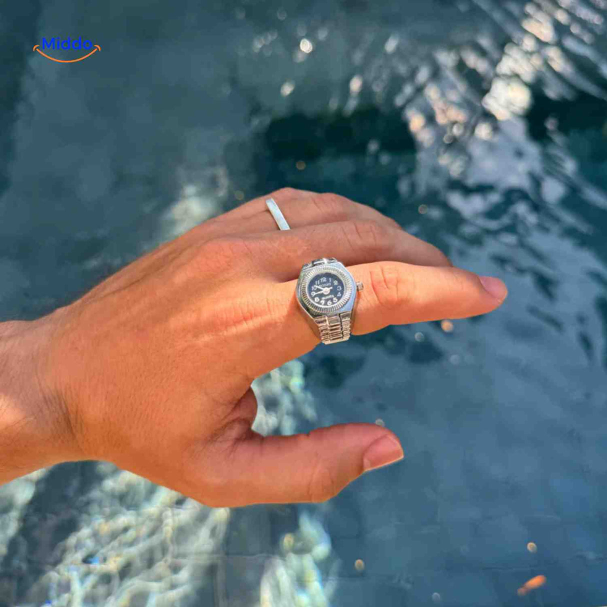 montre-bague argent quartz portée par un homme, gros plan sur la main
