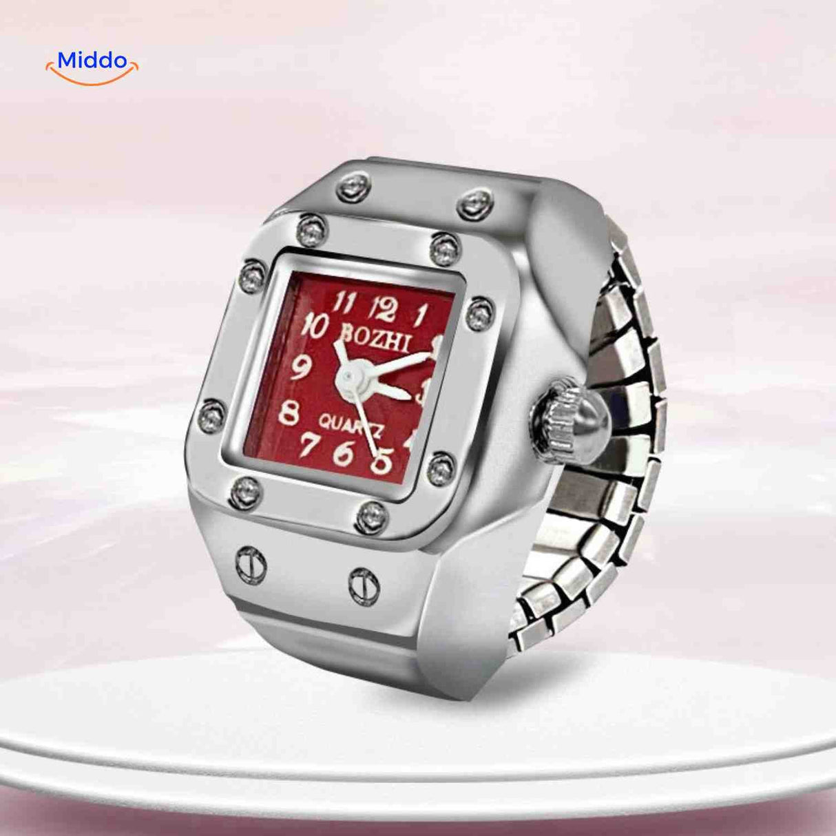 montre-bague rouge au design moderne, portée aussi bien par les femmes que les hommes