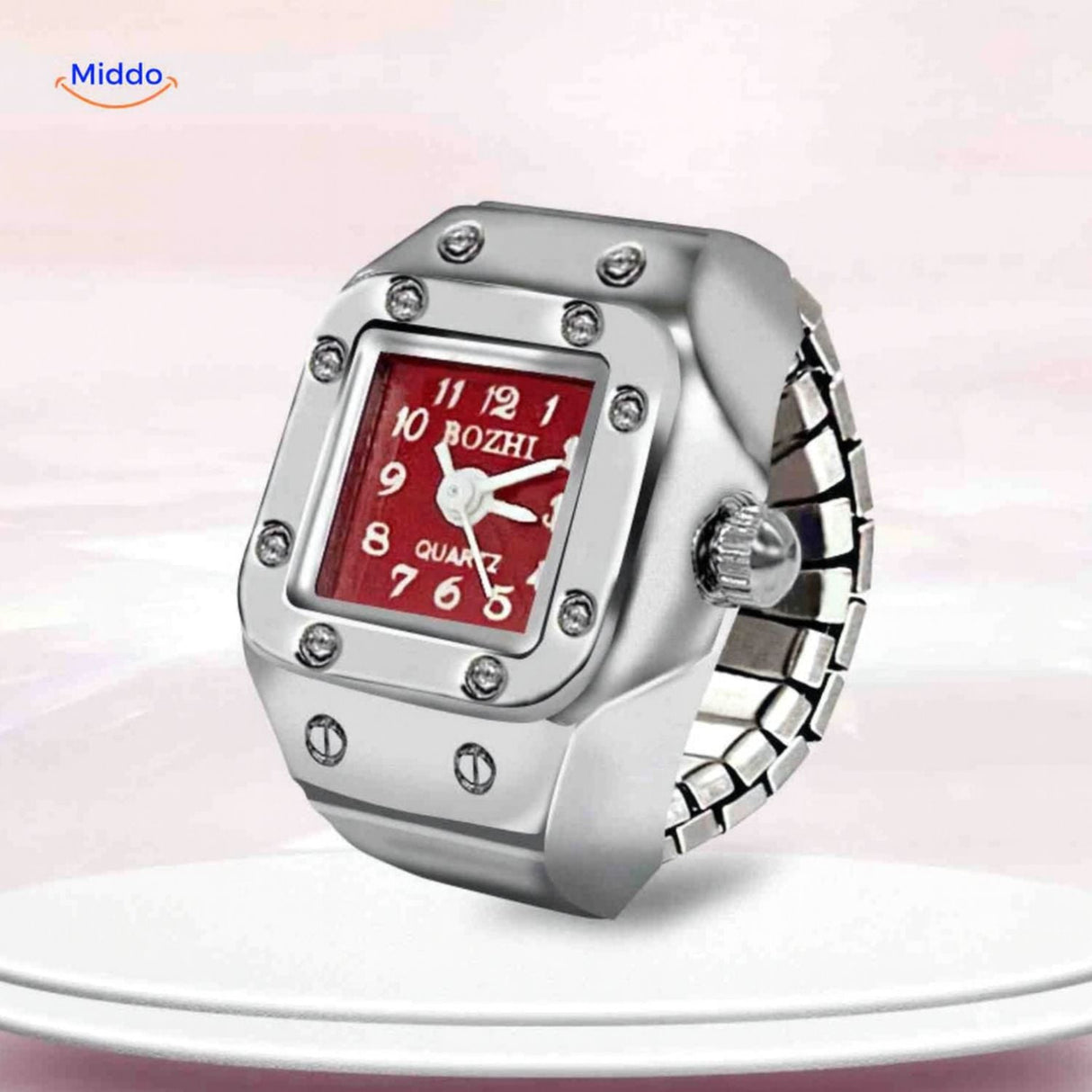 montre-bague présentée en coloris rouge et rose côte à côte