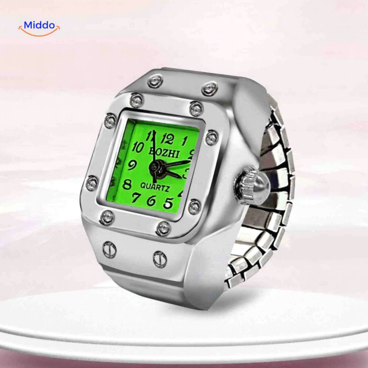 montre-bague en coloris vert, aperçu du cadran et de la finition