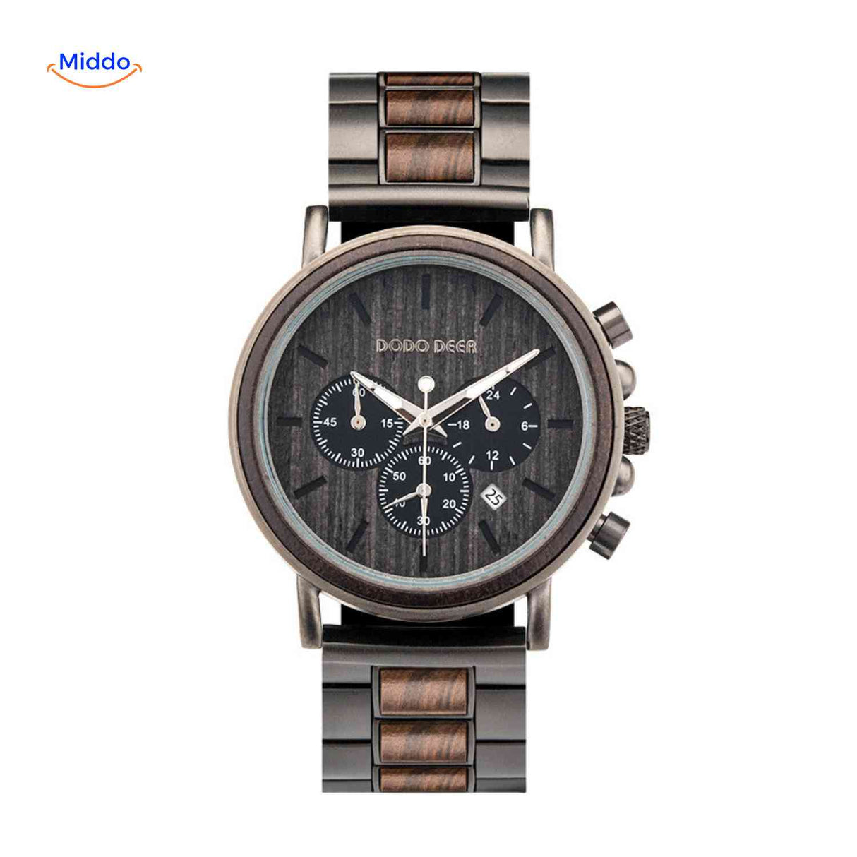 montre en bois chronographe avec bois sombre et boîtier contrasté, look distingué et moderne