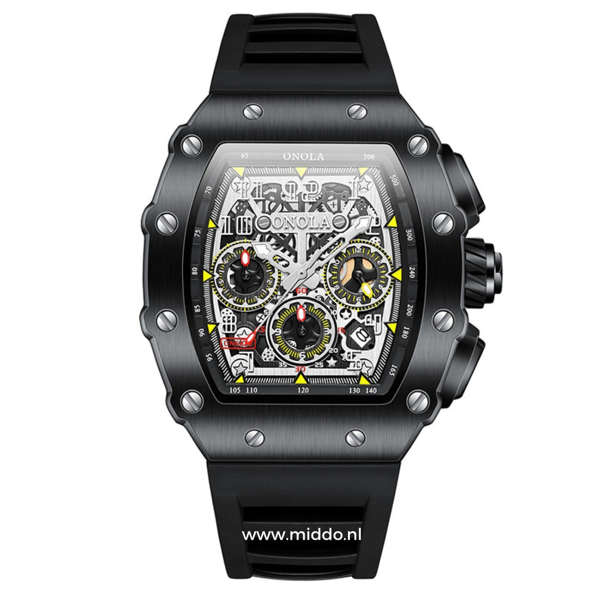 montre chronographe homme bracelet noir avec cadran détaillé multifonction, vue rapprochée