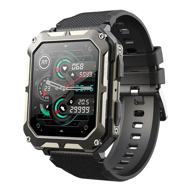 montre connectée incassable noire au design robuste et fonctions avancées