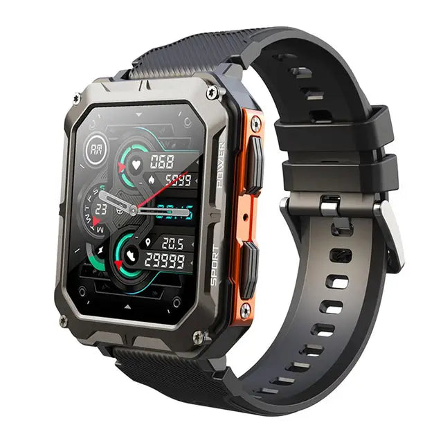 montre connectée robuste coloris noir et orange avec look sportif affirmé