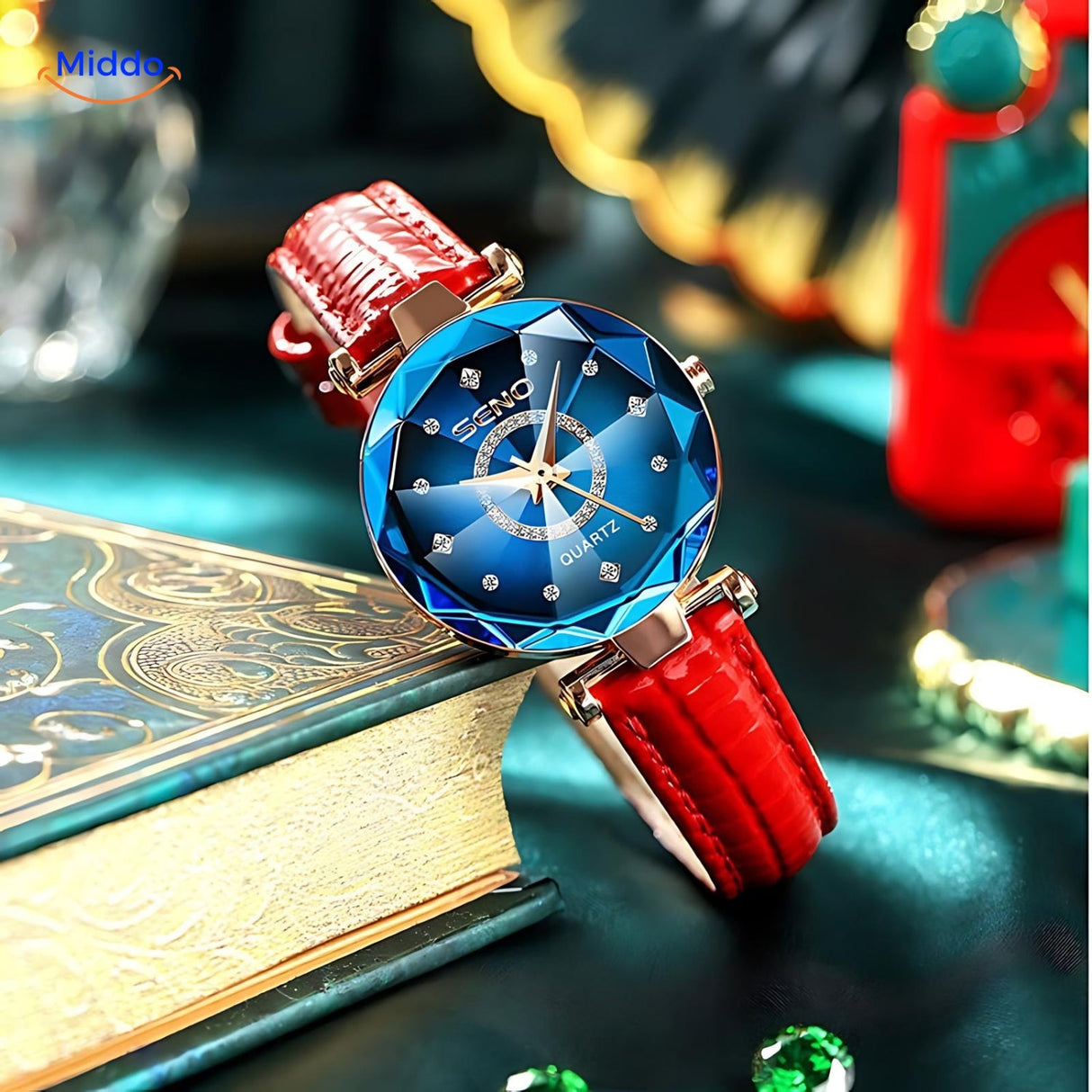 photo produit de la montre femme élégante en acier doré avec bracelet cuir