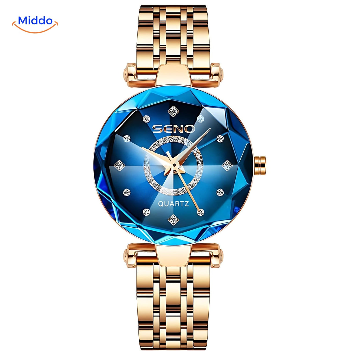 montre femme élégante coloris or avec cadran bleu et bracelet cuir