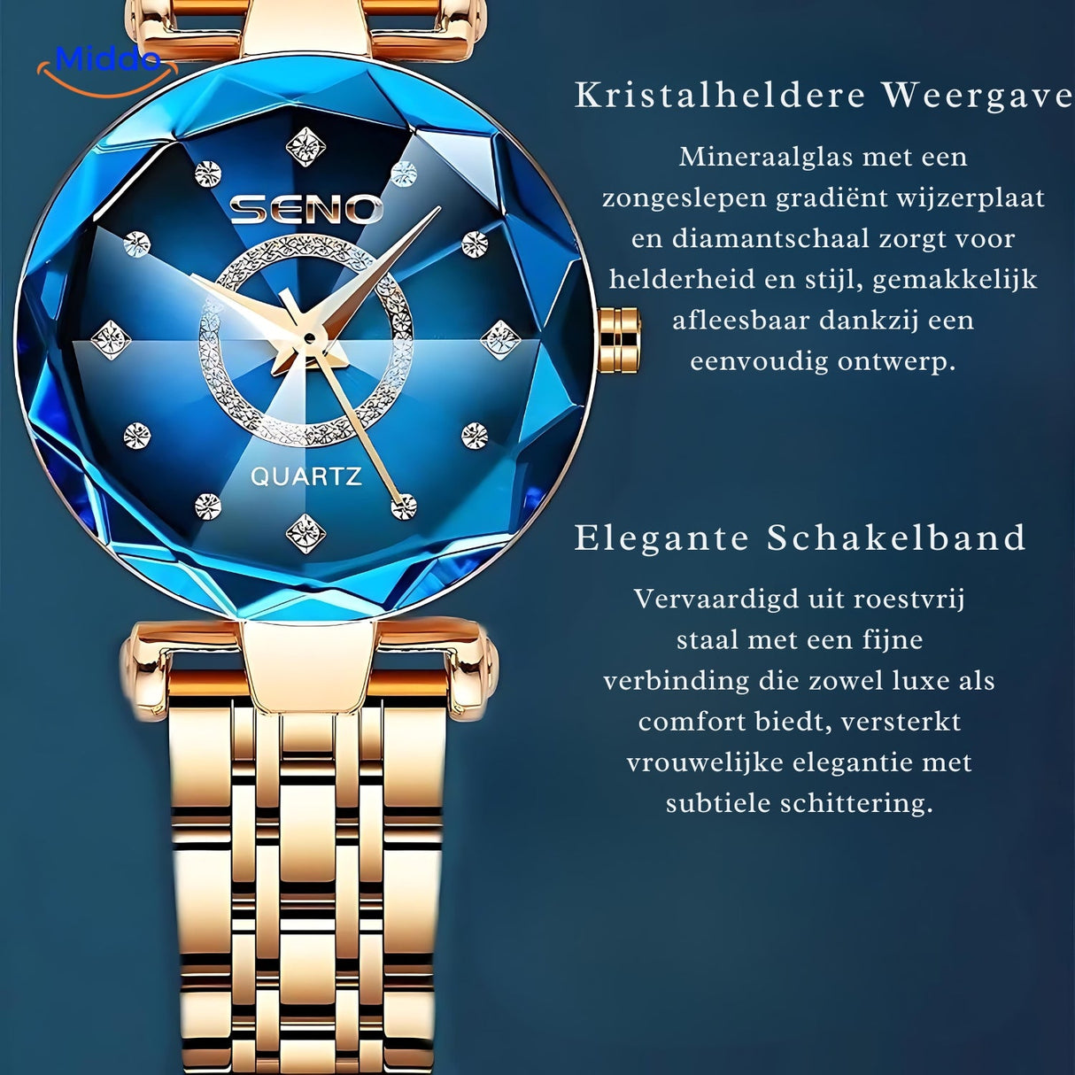 montre femme avec cadran en verre cristal et bracelet doré élégant