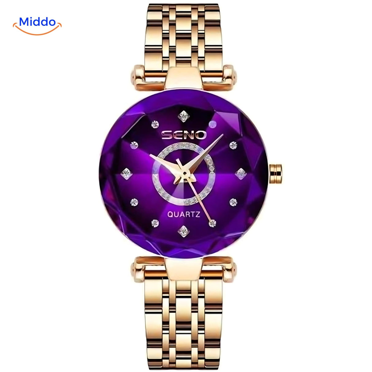 montre femme élégante coloris or avec cadran violet et bracelet cuir
