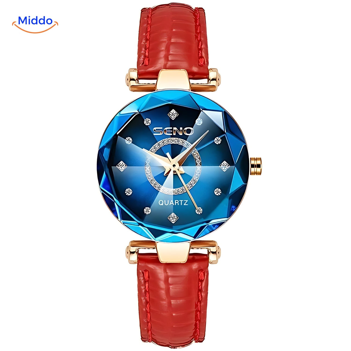 montre femme élégante coloris rouge avec cadran bleu et bracelet cuir