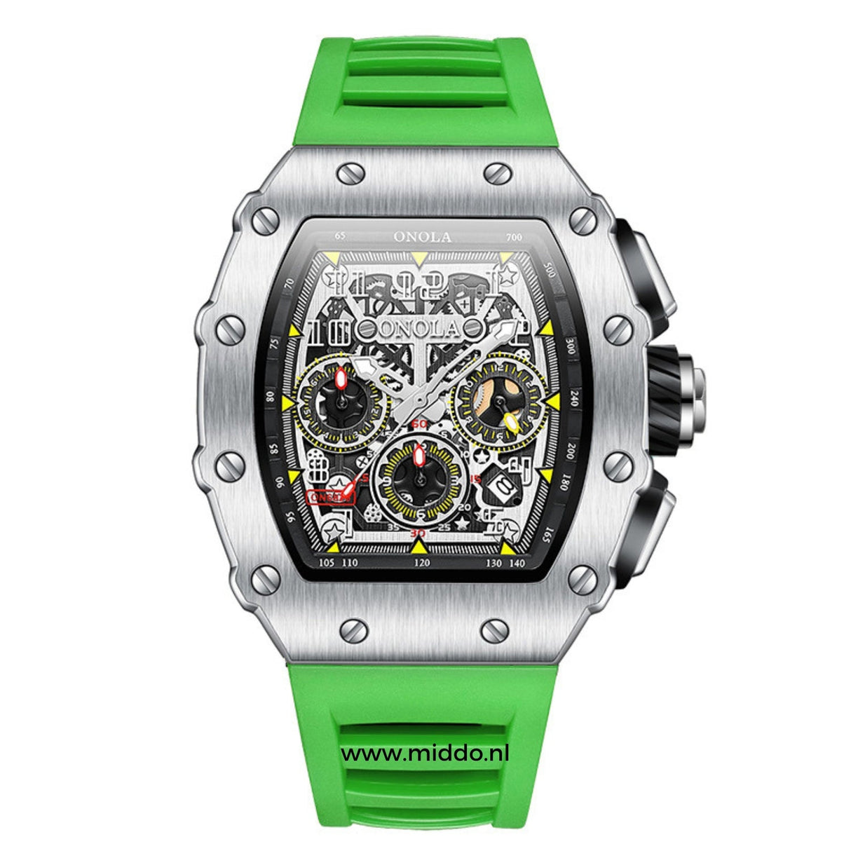 montre homme boîtier argenté avec bracelet silicone vert, coloris sport