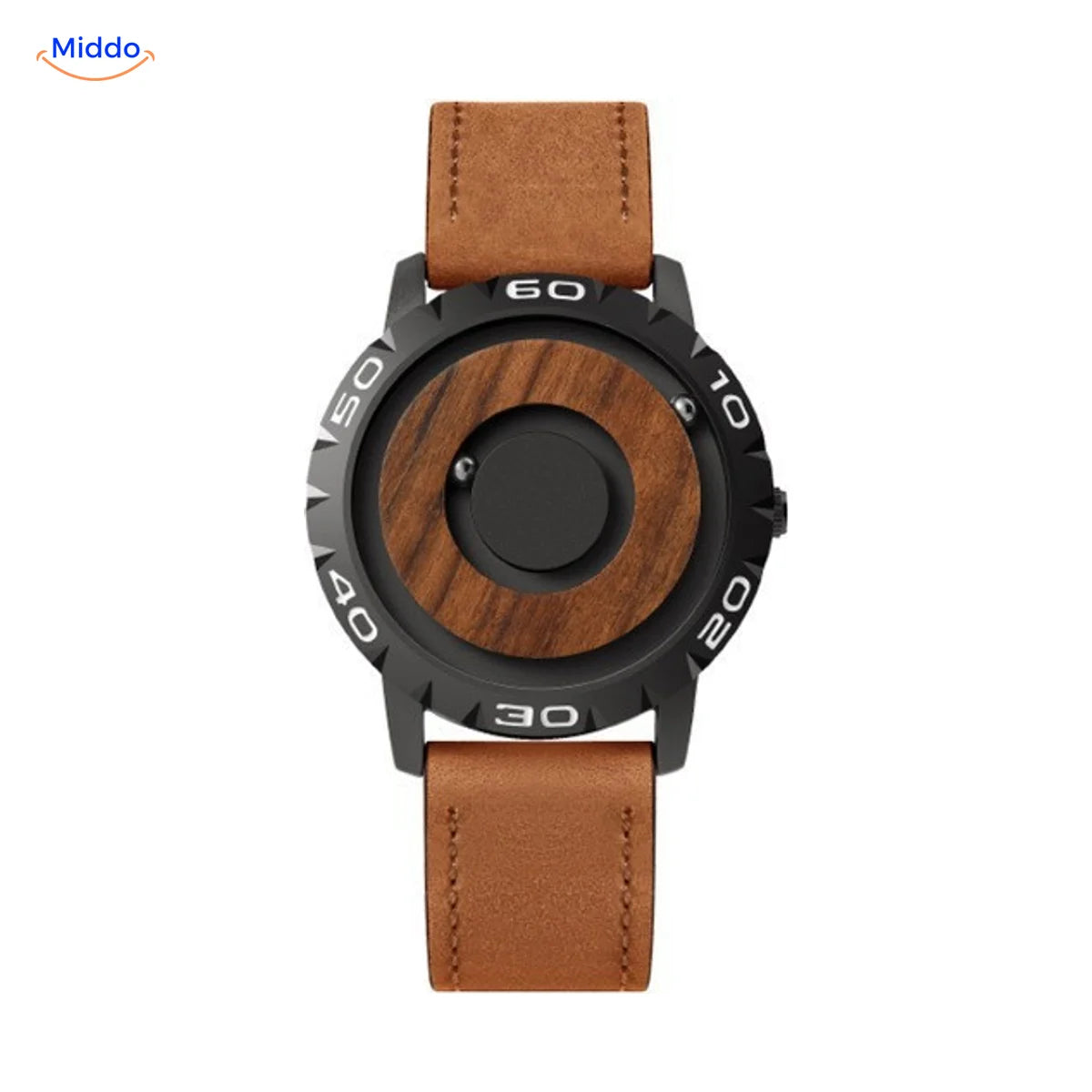 Montre Magnétique à cadran en bois avec bracelet en cuir marron