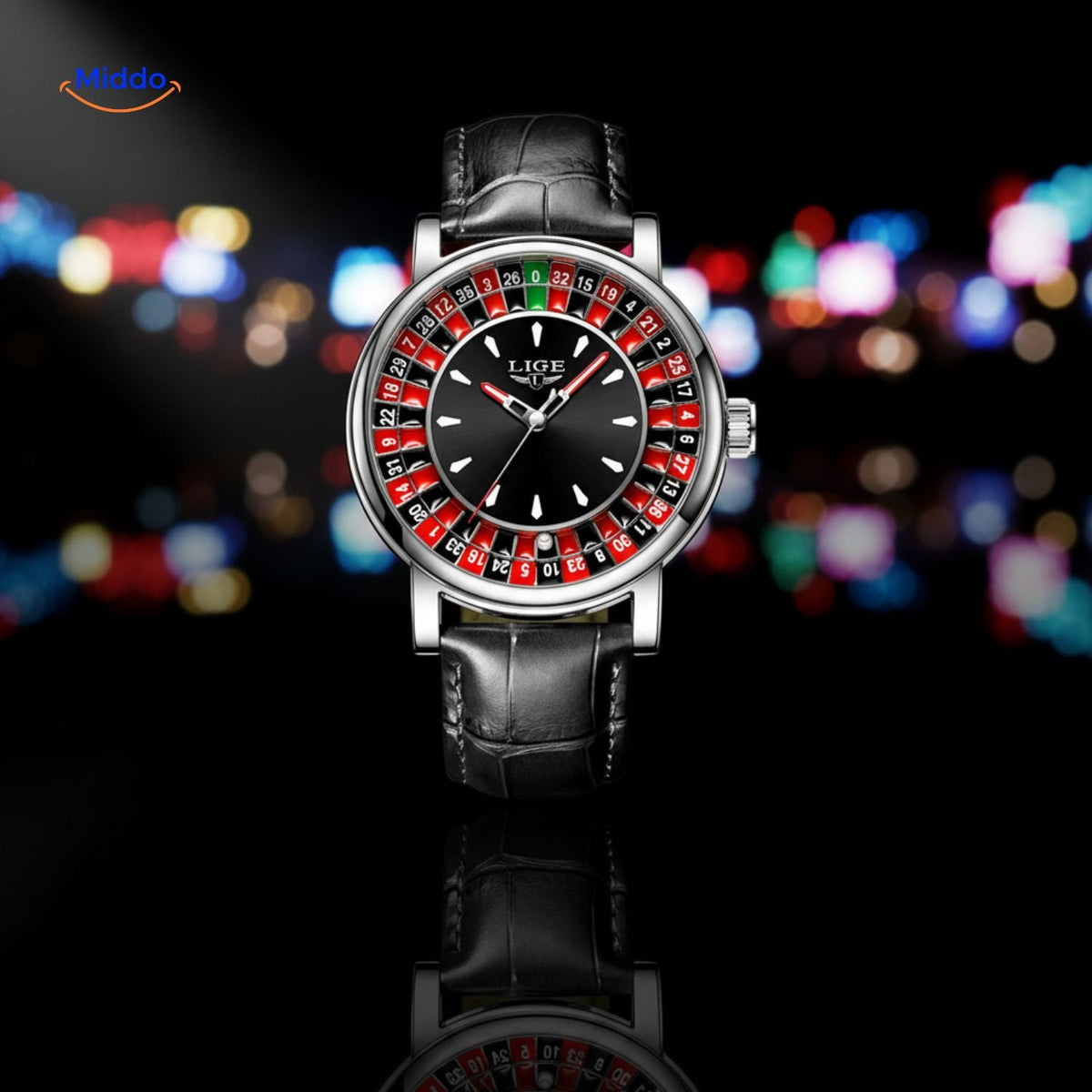 montre à cadran roulette argentée avec bracelet en cuir brun