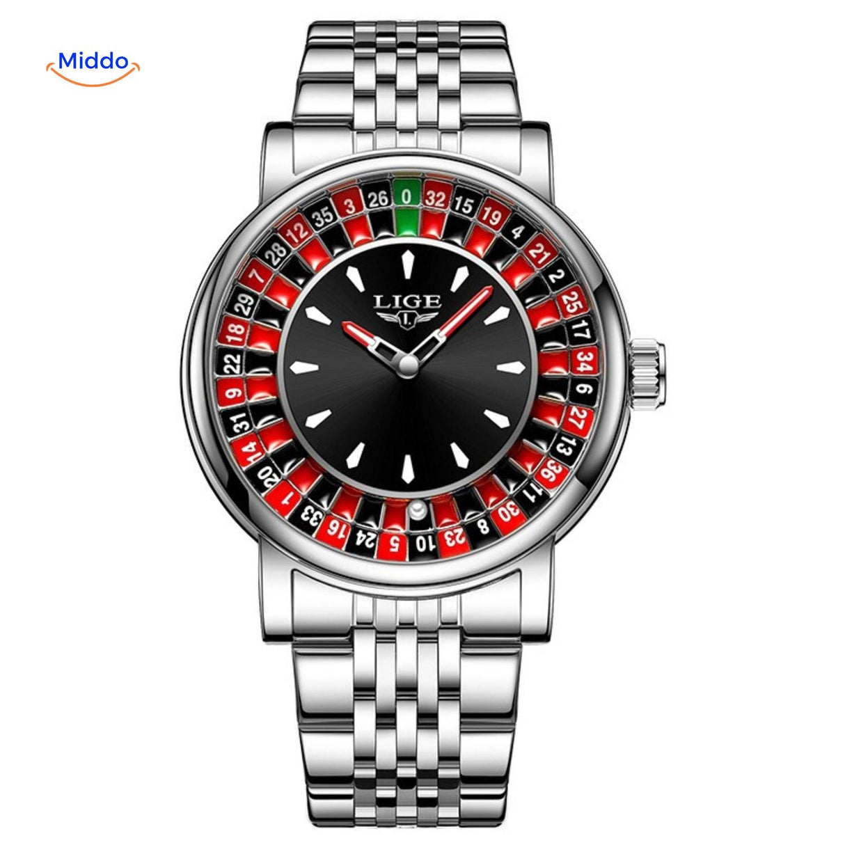 montre roulette argentée avec bracelet métallique chainé, style casino moderne
