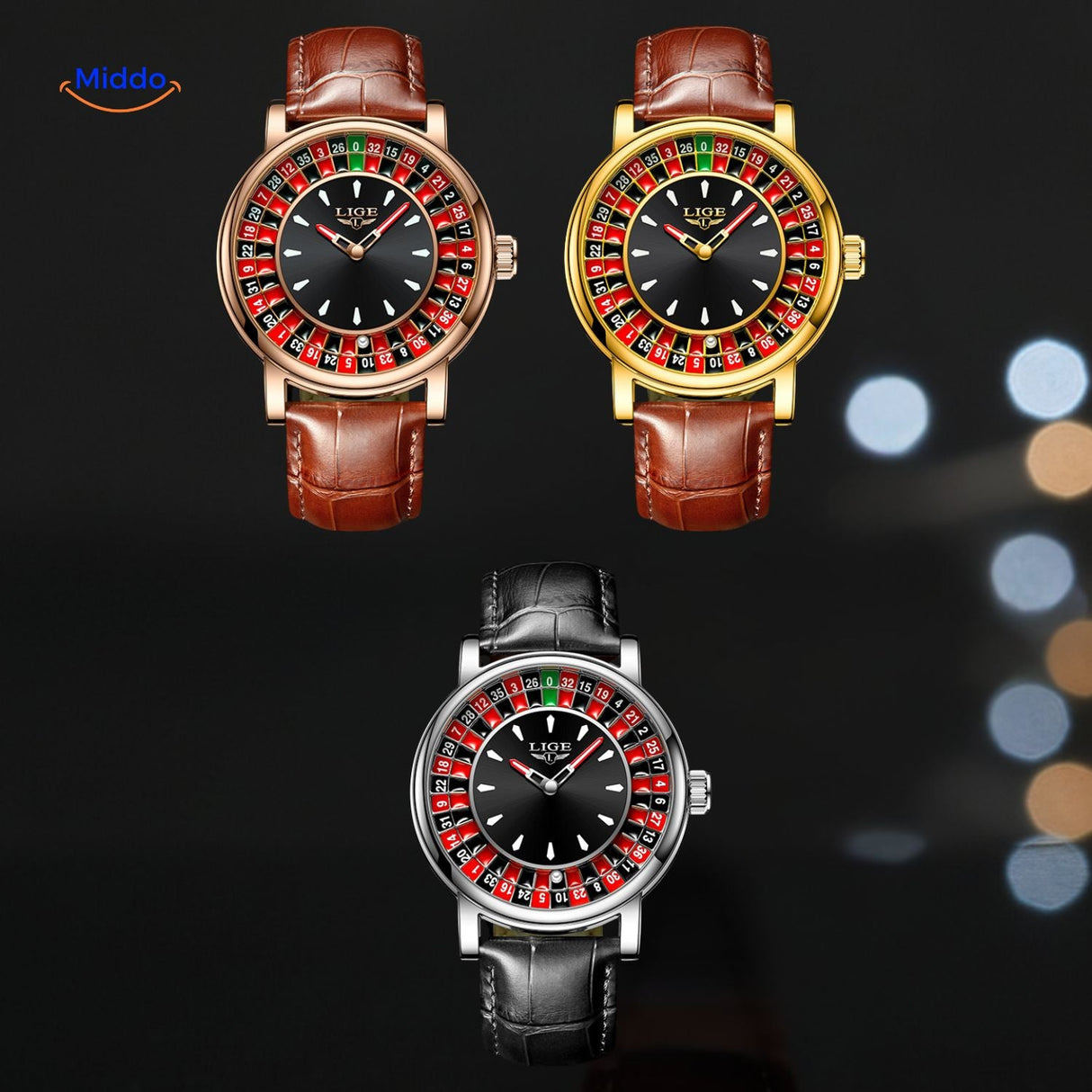 aperçu des différents coloris de bracelets en cuir disponibles pour la montre roulette