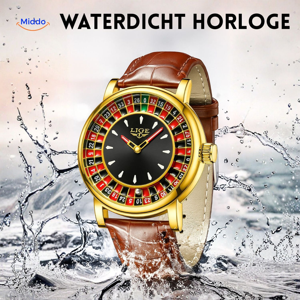 montre roulette dorée résistante à l'eau, mise en valeur de son étanchéité