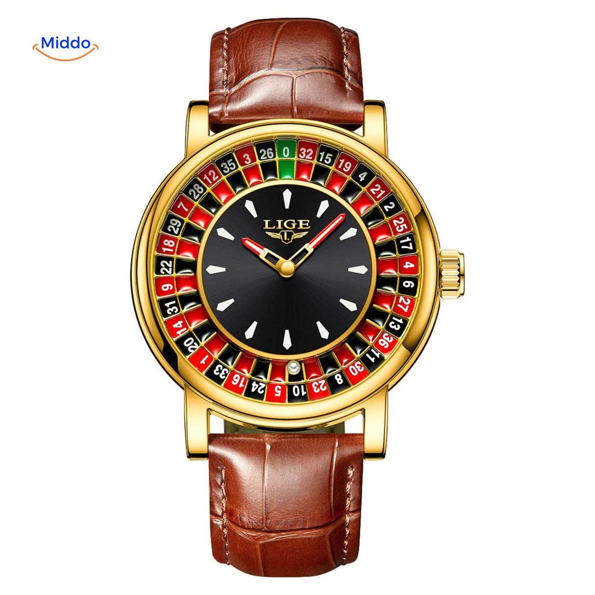 montre roulette dorée vue de face, cadran phosphorescent style casino