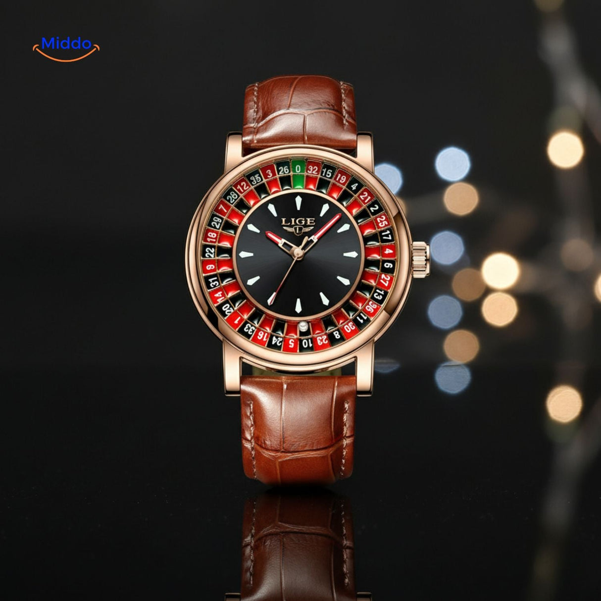 montre roulette rose gold avec bracelet en cuir, style élégant pour homme