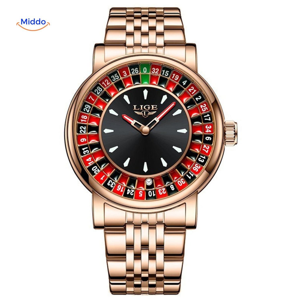 montre roulette rose gold avec bracelet métallique, vue de face sur fond neutre