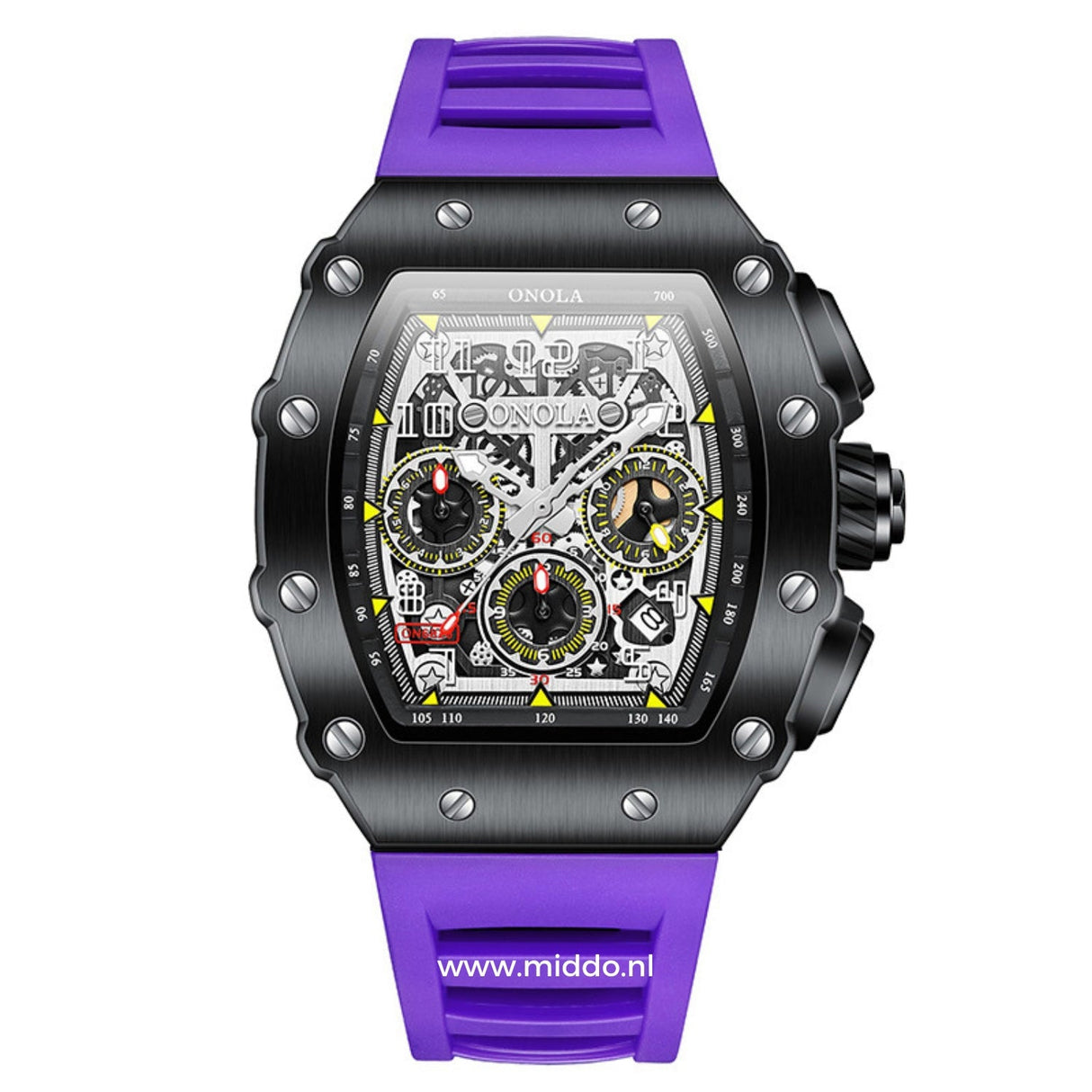 montre sport chronographe avec bracelet violet et boîtier noir, vue produit de face