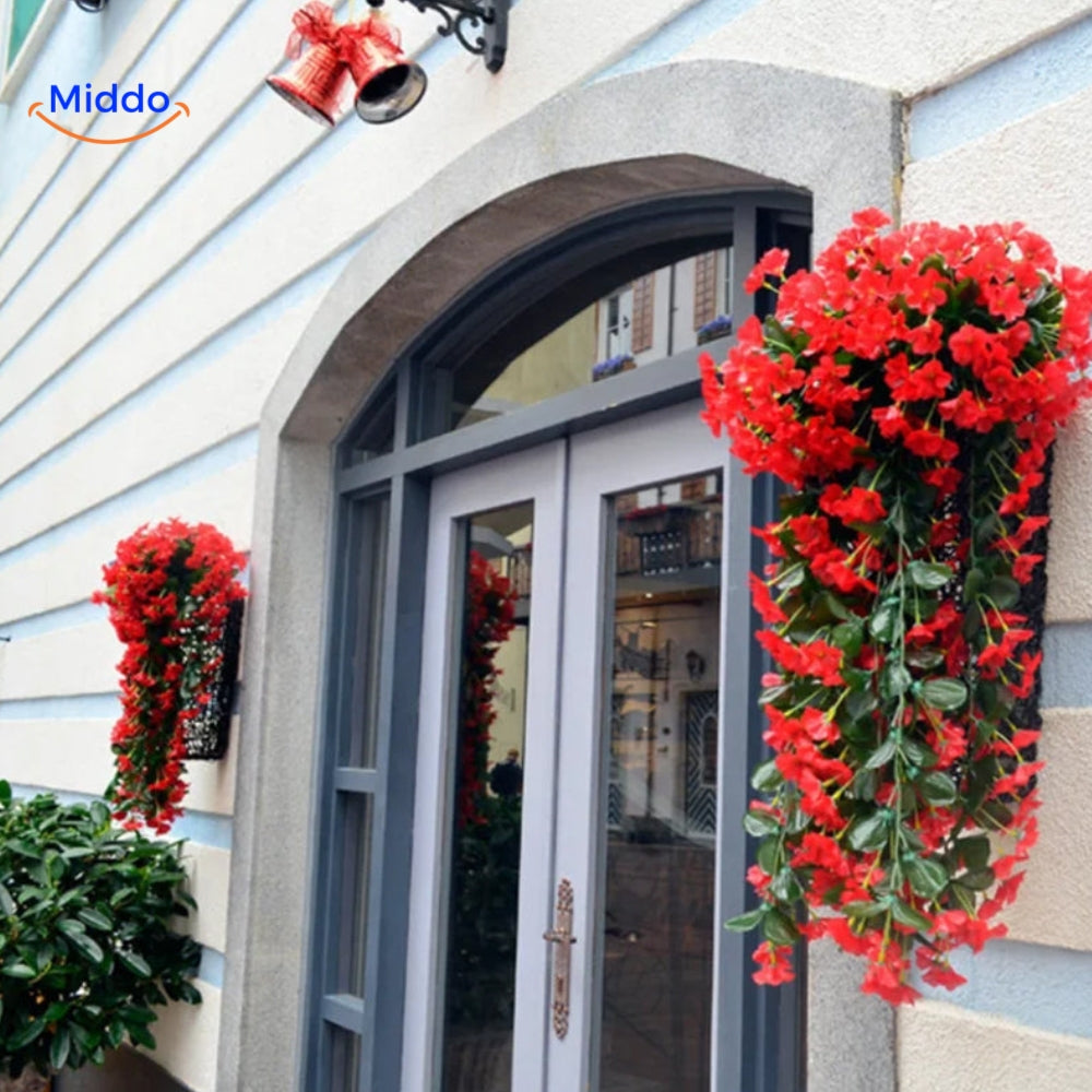 orchidées artificielles rouges suspendues à l'entrée d'une maison, accueil décoratif floral