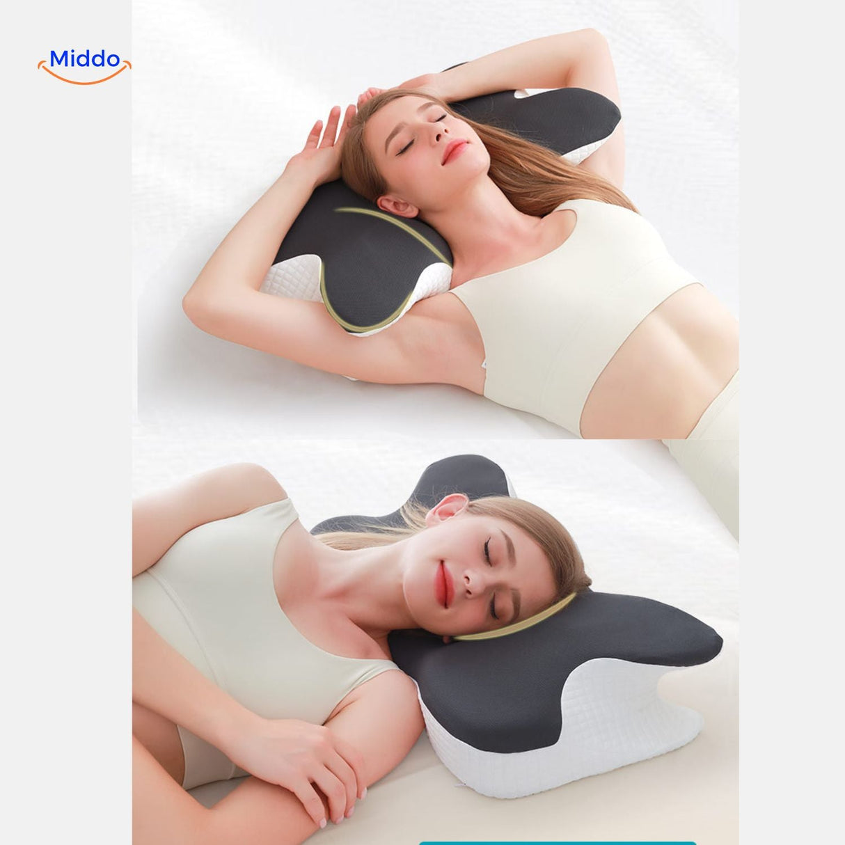 femme souriante se réveillant reposée grâce à l'oreiller cervical ergonomique