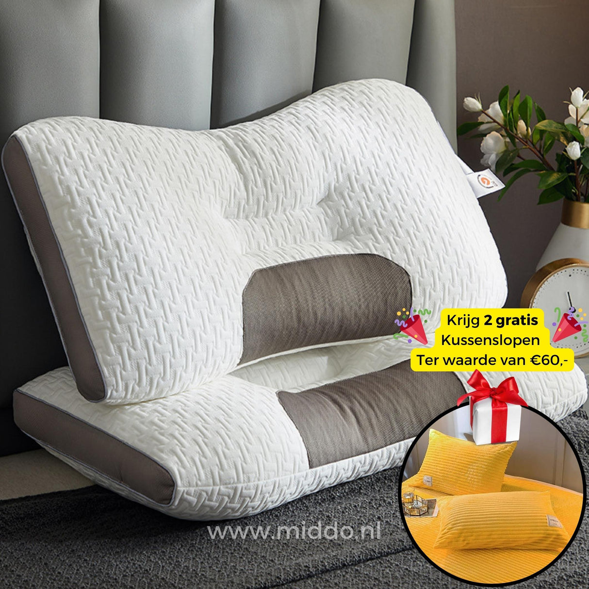 oreiller cervical ergonomique avec 2 taies en velours jaune offertes, sur un lit