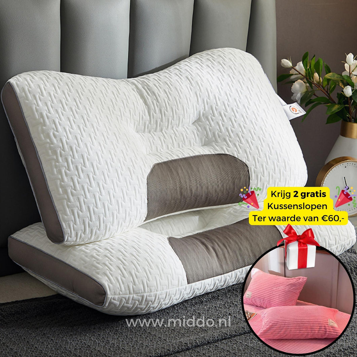 oreiller cervical ergonomique avec 2 taies en velours rose offertes, sur un lit