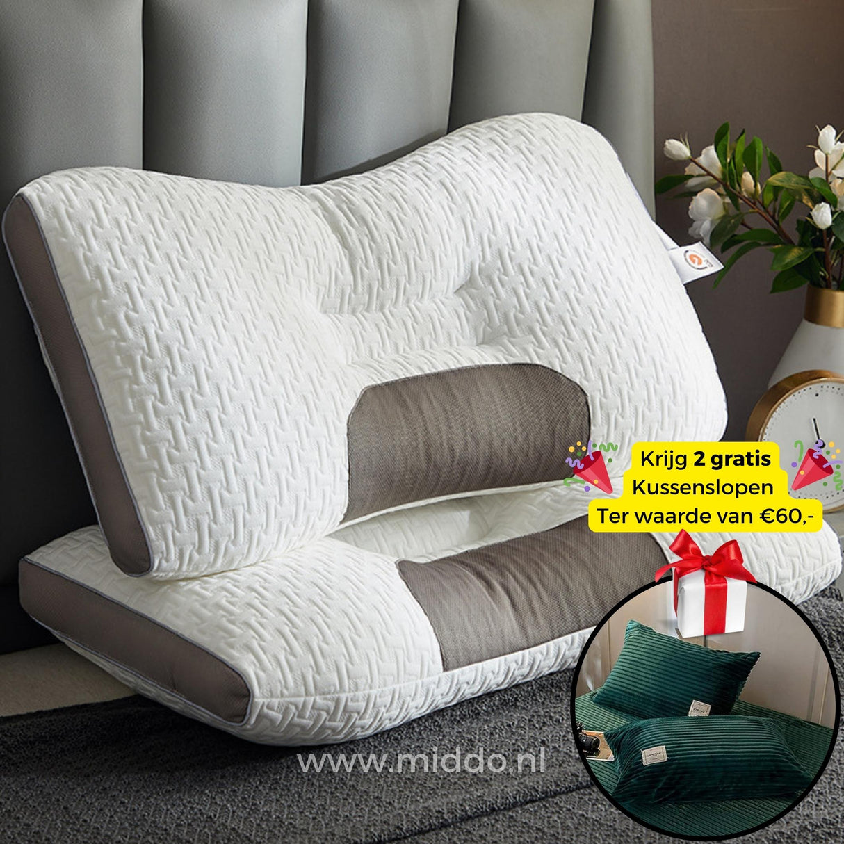 oreiller cervical ergonomique avec 2 taies en velours vert foncé offertes, sur un lit