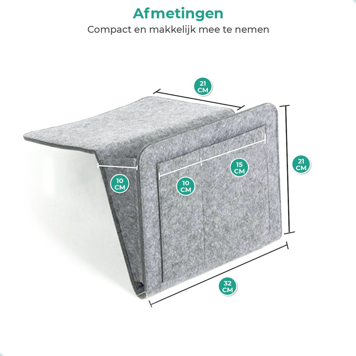 organisateur de lit en feutre gris clair avec indication des dimensions sur fond blanc