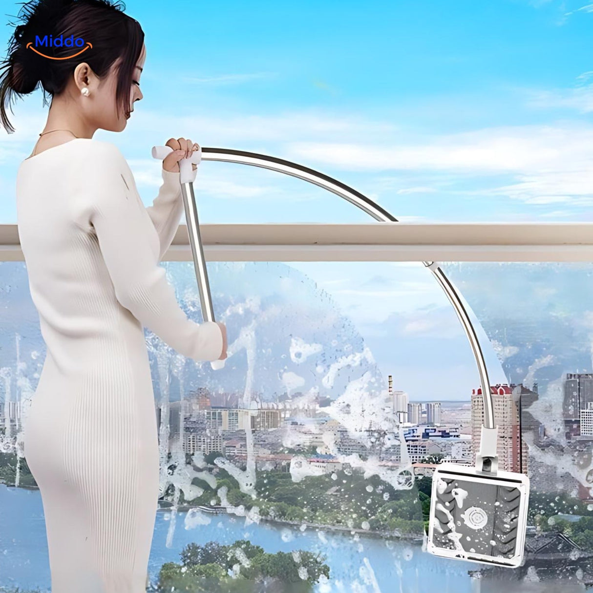 outil de nettoyage de vitres double face adapté aux fenêtres en hauteur dans les immeubles