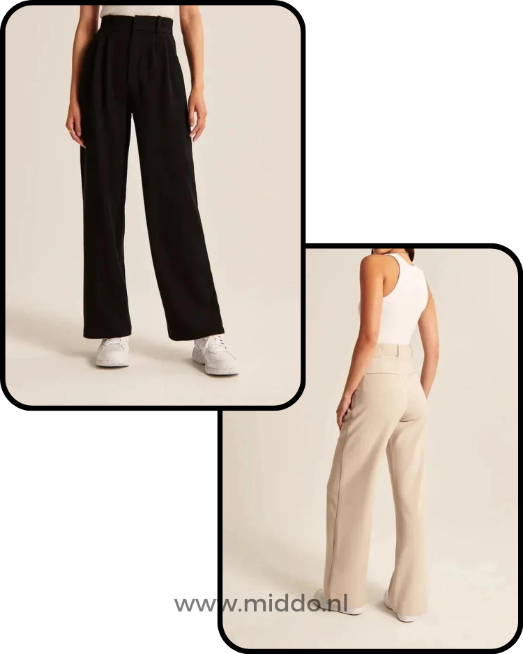 pantalon large femme en noir et beige porté par deux femmes, aperçu des deux coloris