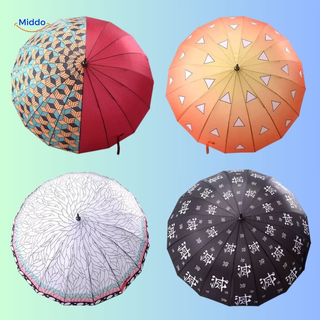 parasol anime orange avec motifs triangles blancs et manche en forme d'épée