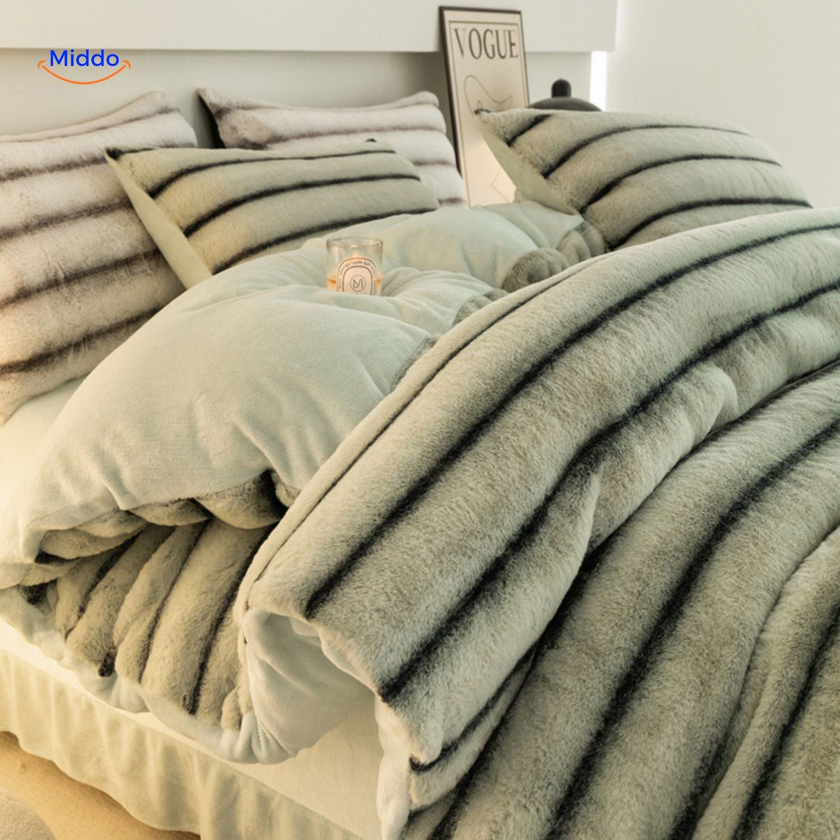 parure de lit en peluche vert forêt avec rayures pour une atmosphère naturelle et cosy