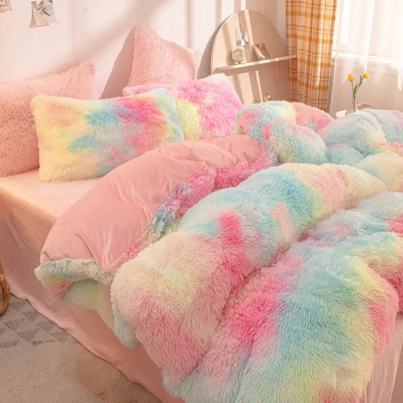 Parure de lit Teddy Fluffy en polaire, Arc-en-ciel pastel