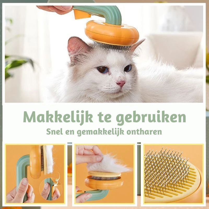 chat se faisant brosser avec la brosse autonettoyante, enlève les poils en douceur