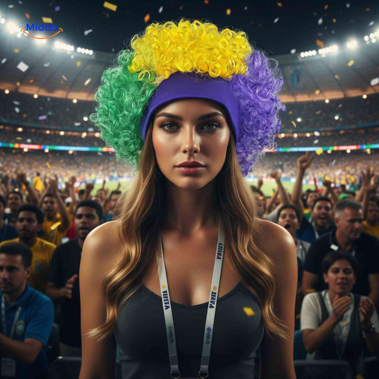 perruque bouclée de fan portée en stade lors d'un événement sportif festif