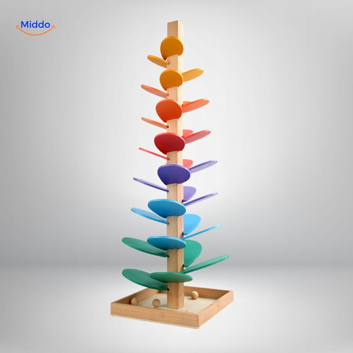 piste à billes arbre avec feuilles en bois vertes et bleues, jeu de construction éducatif