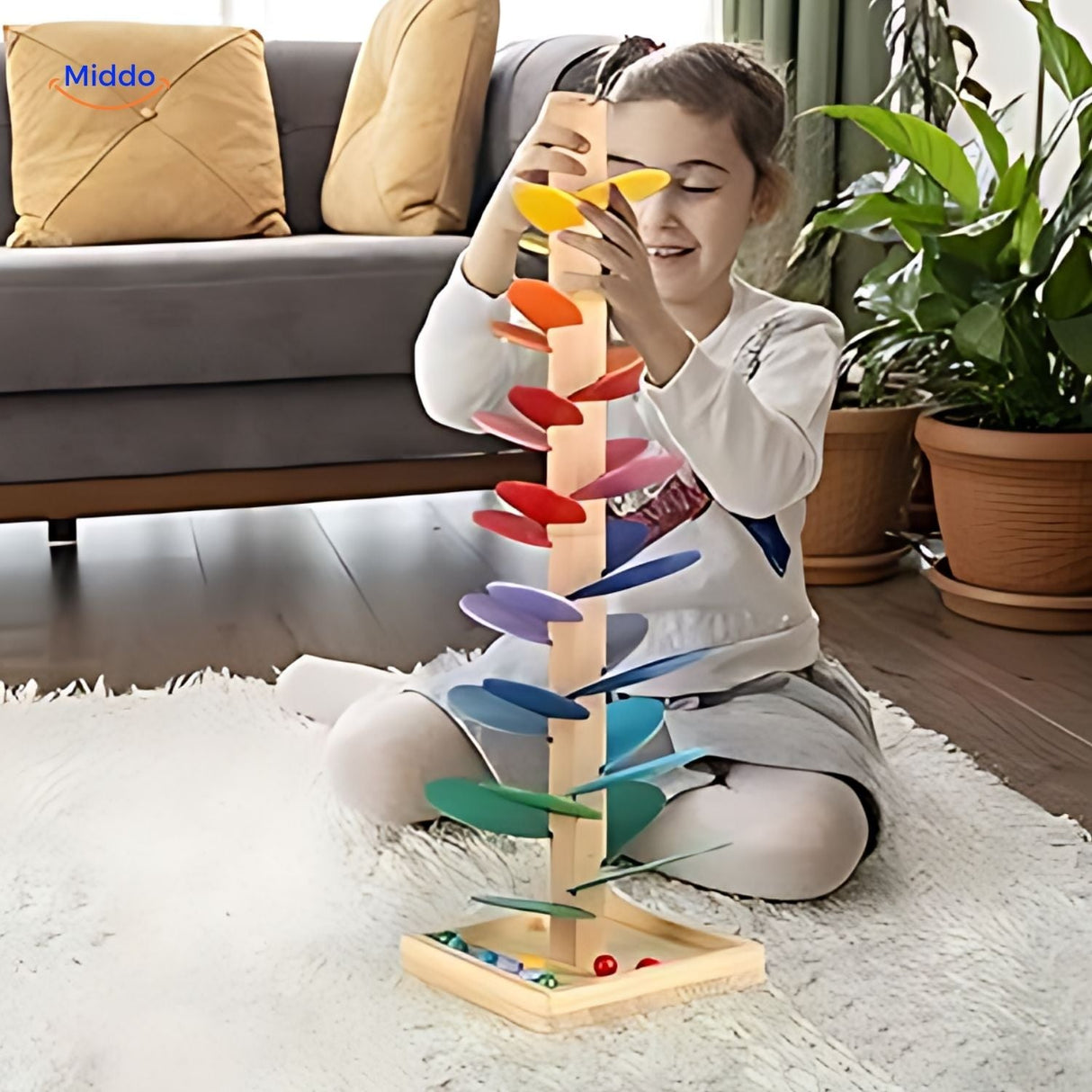 fillette qui place des billes sur la piste à billes arbre éducative en bois colorée