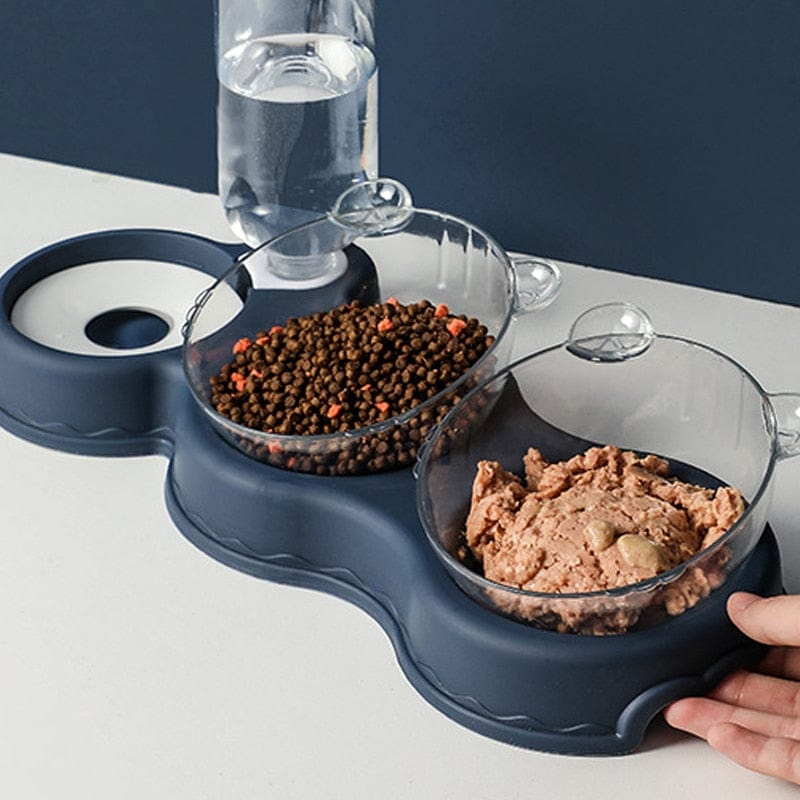 plateau gamelle chat avec compartiment croquettes, pâtée et distributeur d'eau amovible