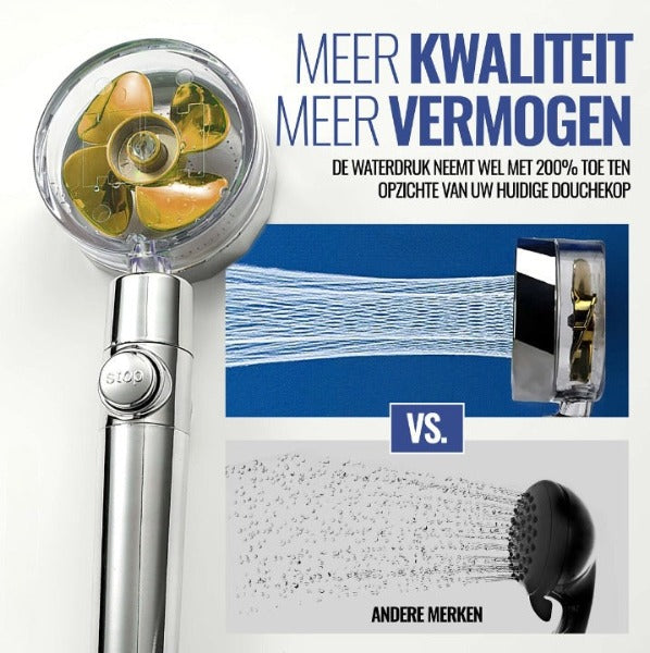 comparaison de pression d'eau entre un pommeau standard et le pommeau de douche haute pression