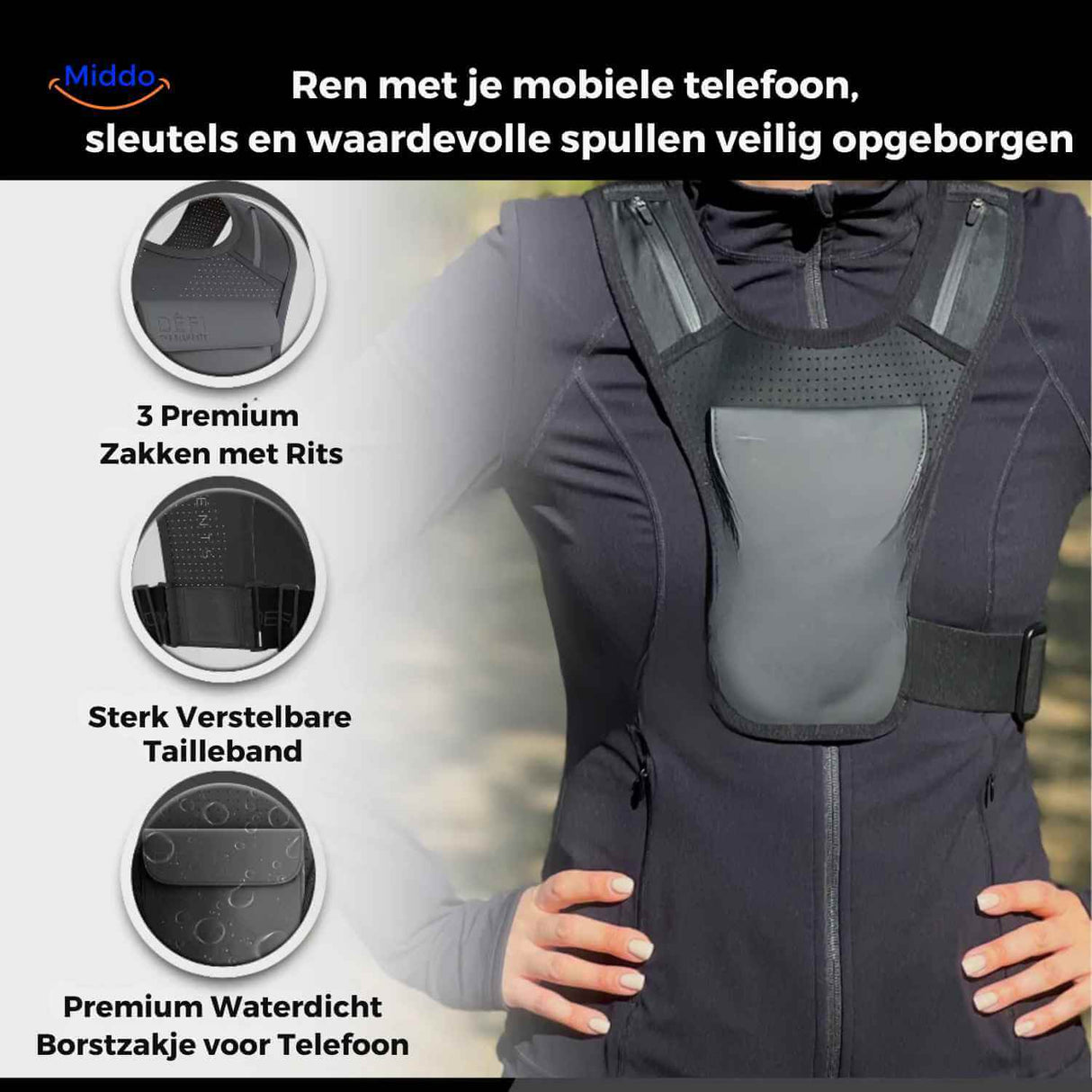 porte-téléphone running étanche avec 3 poches zippées pour vos essentiels